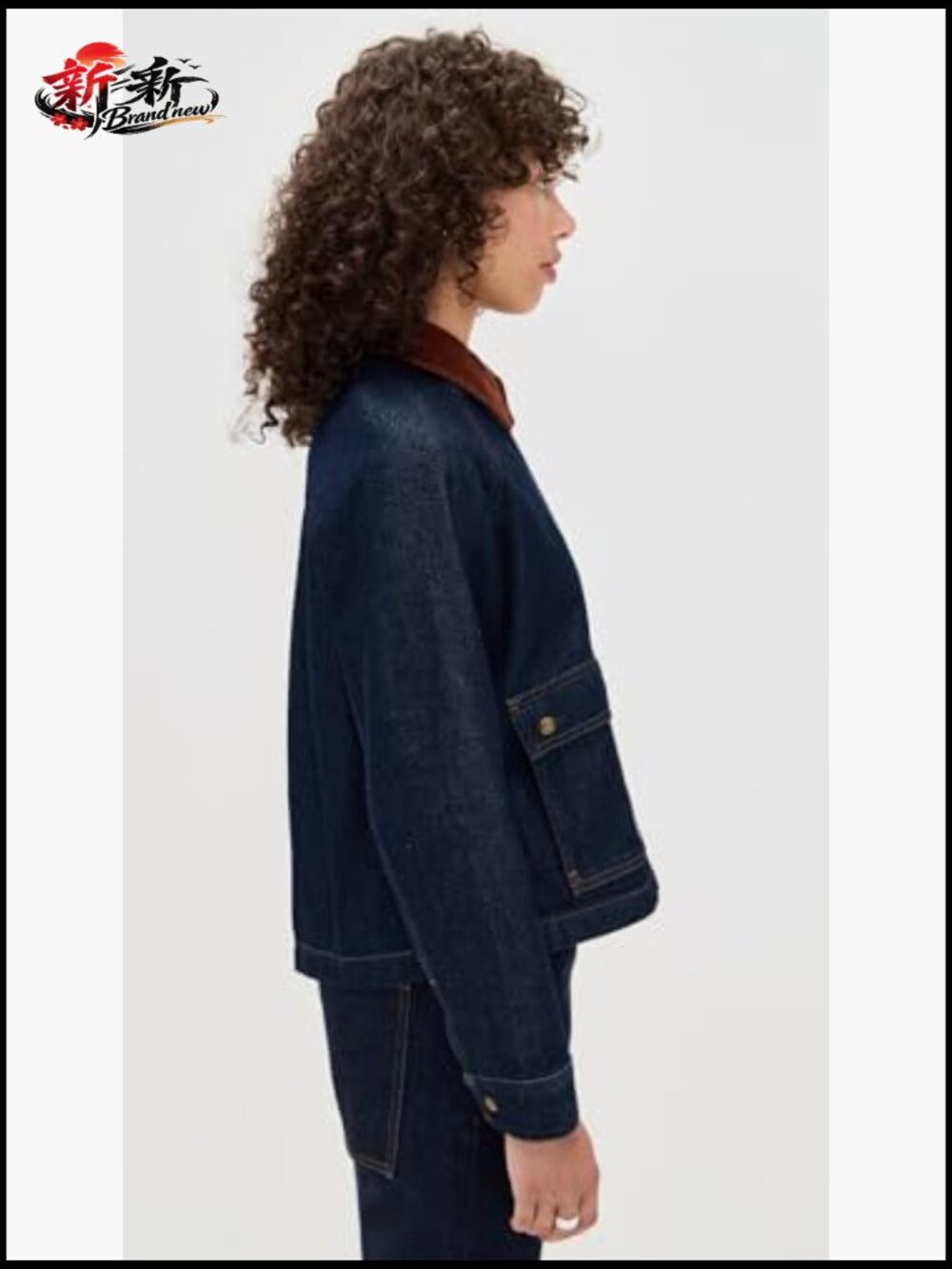 Denim Trapeze Jacket with Corduroy Collar, Snap Flap Front - Picture 5 of 6